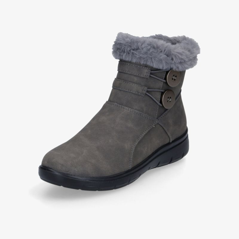 Warmer grauer Winterstiefel mit weichem Fellkragen und doppeltem Schnallenverschluss, rutschfeste schwarze Sohle