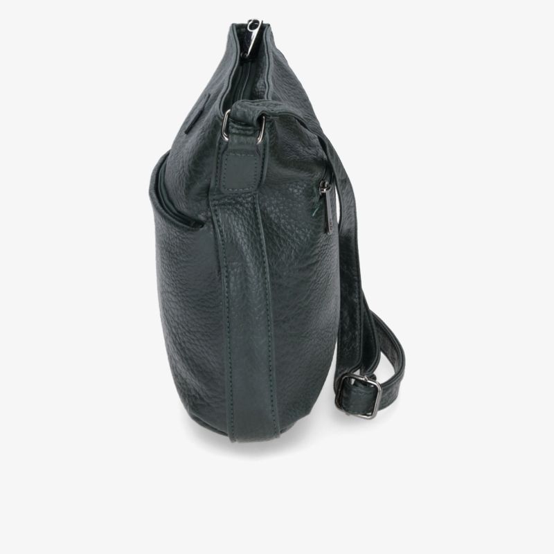 Schwarze Tasche aus robustem Material mit Reißverschluss und verstellbarem Schulterriemen in klarer Seitenansicht stehend