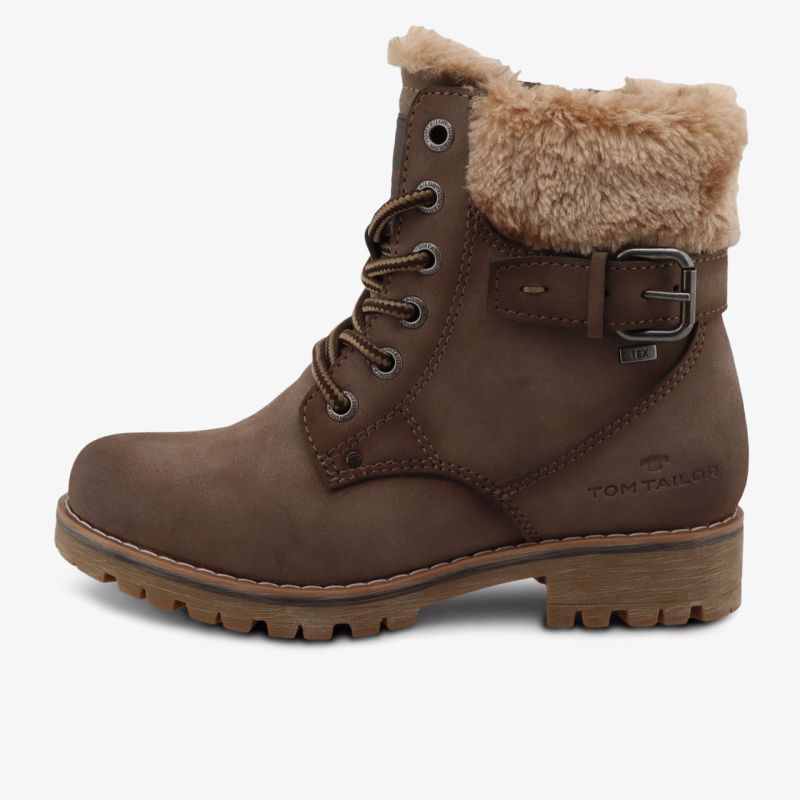 Brauner Winterstiefel mit warmem Fellbesatz, Schnürung und robuster Profilsohle für komfortablen Halt