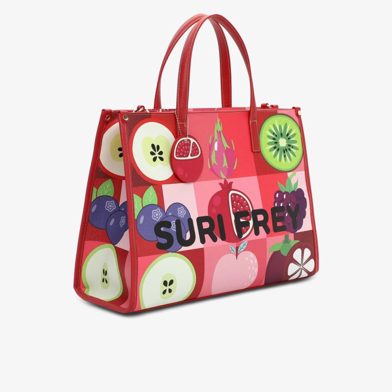 Stilvolle rote Tasche mit buntem Fruchtmuster von SURI FREY für jeden Tag.