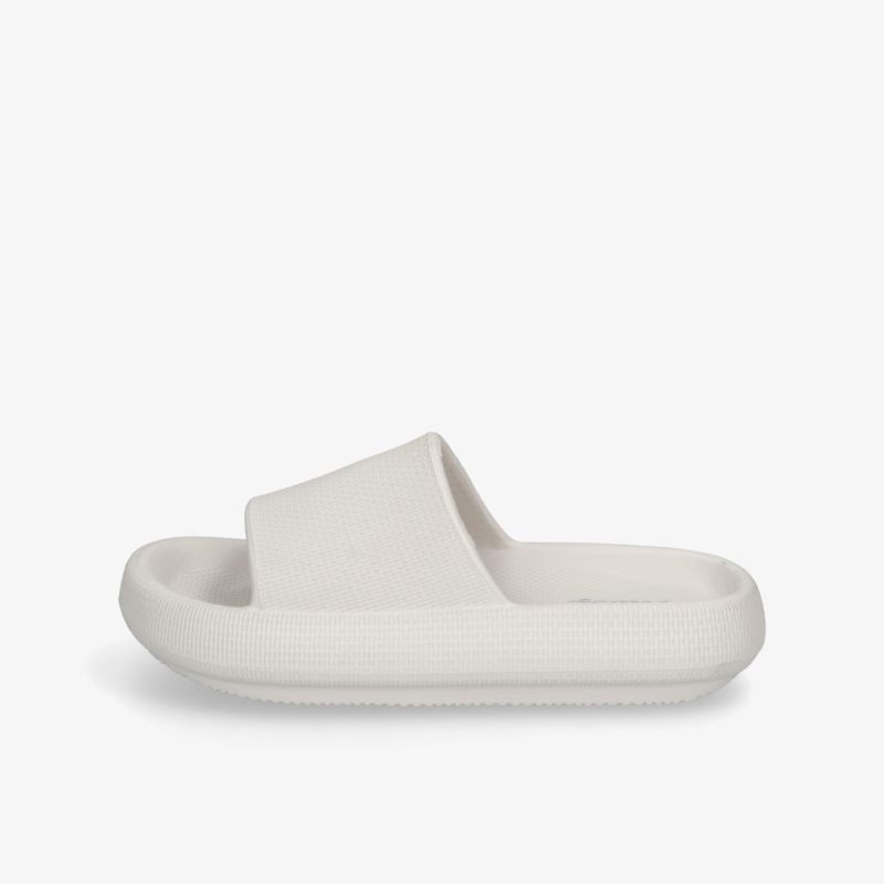 Leichter weißer Slide Schlappen mit gepolsterter, rutschfester Sohle und breitem Komfortriemen seitlich