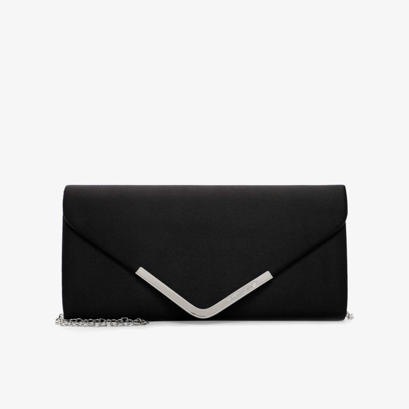 Elegante schwarze Clutch mit Metallakzent und Kettenriemen, perfekt für besondere Anlässe und stilvolle Events.