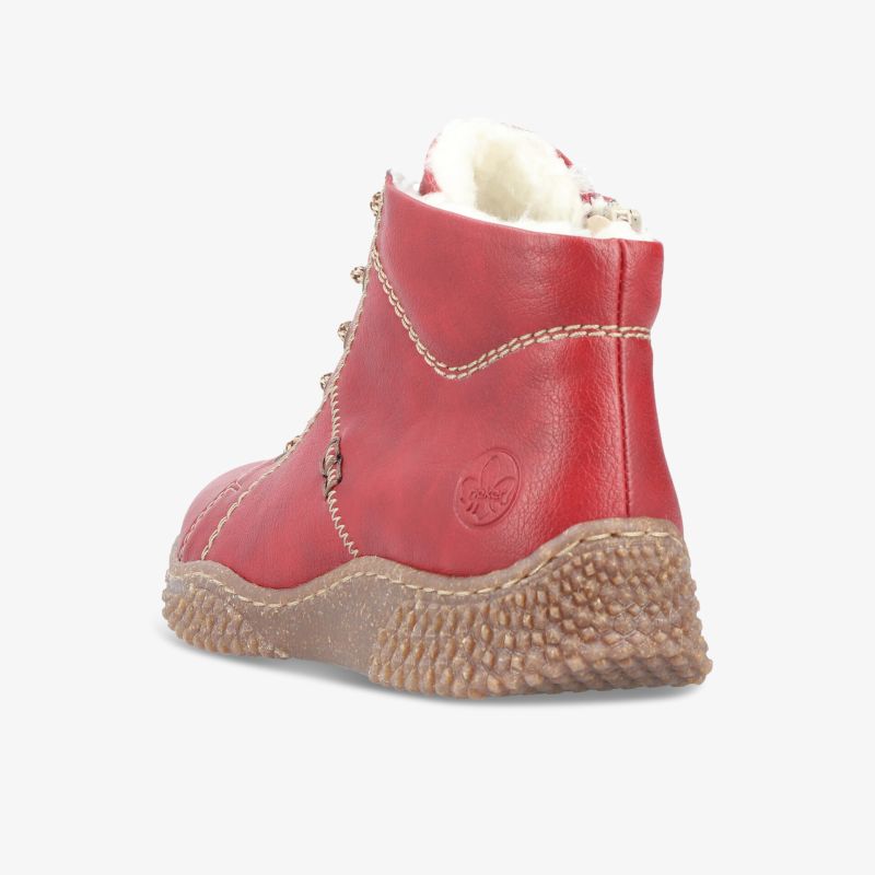 Robuster Schuh in Rot mit warmer Innenausstattung und rutschfester Sohle, Rückansicht, hochwertige Verarbeitung