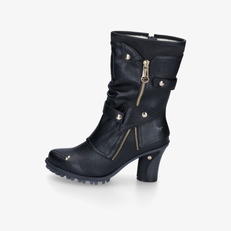 Schwarzer Stiefel mit mittelhohem Absatz und dekorativem Reißverschluss, robust und bequem