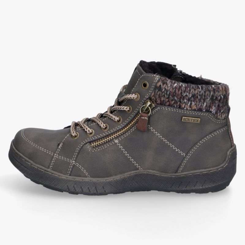 Robuster grauer Schnürstiefel mit warmem Textilfutter, markanten Nähten und profilierter rutschhemmender Sohle.