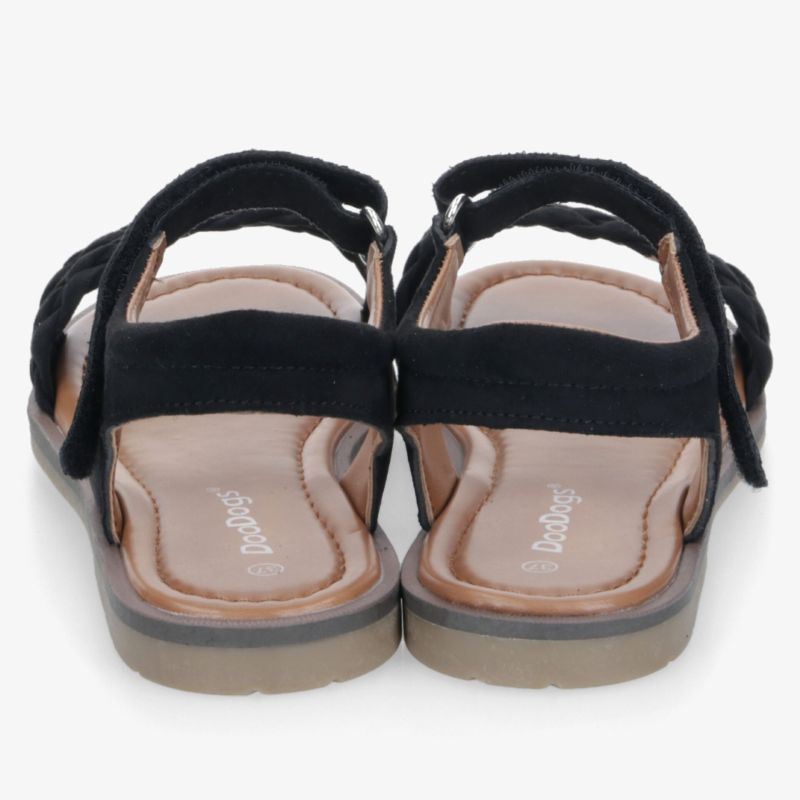 Bequeme schwarze Sandalen mit verstellbaren Klettverschlüssen und gepolsterter Innensohle, Rückansicht