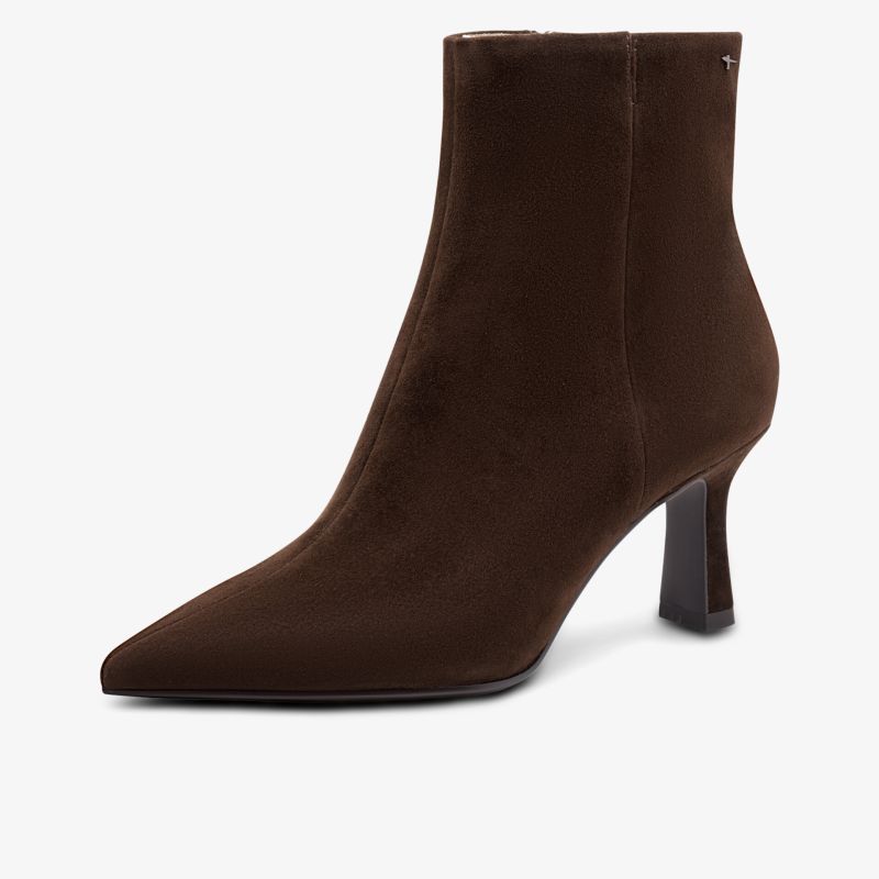 Elegante braune Stiefelette mit spitz zulaufender Front und mittelhohem Absatz in Wildlederoptik