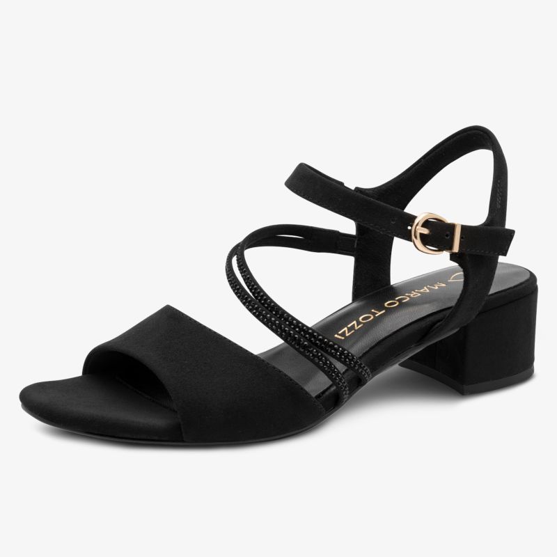 Elegante schwarze Riemchensandalette mit mittelhohem Blockabsatz und verstellbarem Knöchelriemen für hohen Tragekomfort