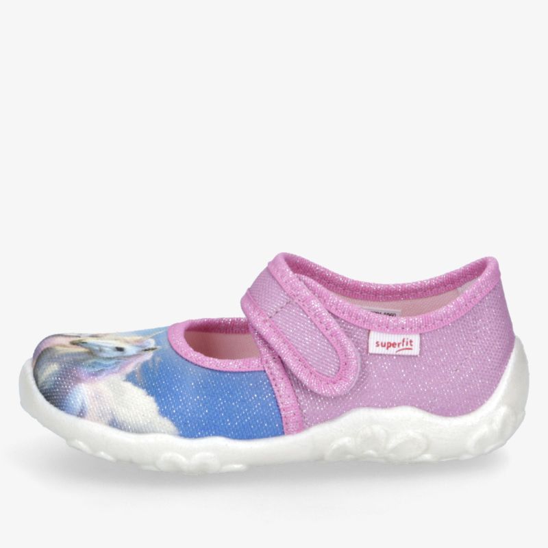 Kinderhausschuh in Rosa mit Einhornmotiv, Klettverschluss und rutschfester flexibler Sohle, praktische Seitansicht