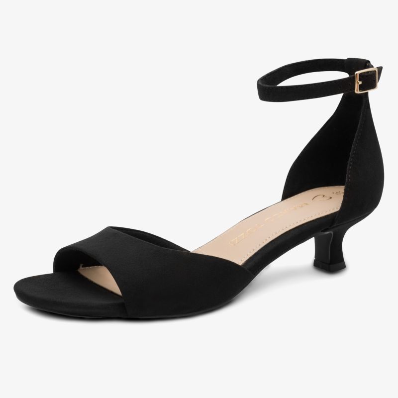 Elegante schwarze Sandalette mit niedrigem Absatz und verstellbarer goldener Schnalle, komfortabel und modisch