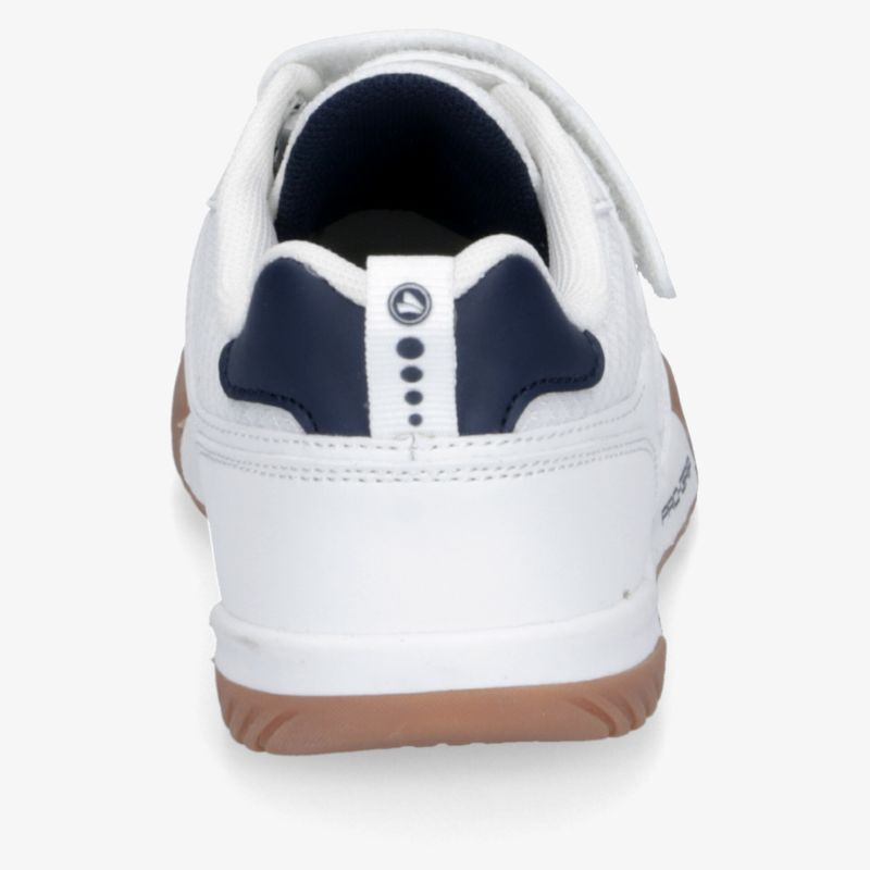 Weißer Sportschuh mit blauem Innenfutter und stabiler Fersenkappe, rutschfeste Sohle, komfortabel und langlebig