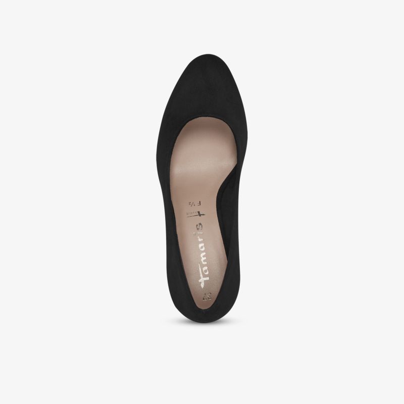 Eleganter schwarzer Pumps mit spitz zulaufender Form und bequemer Innensohle in klassischer Draufsicht