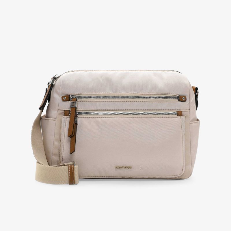 Leichte Umhängetasche mit mehreren Frontfächern und verstellbarem Schultergurt in elegantem, hellem Design