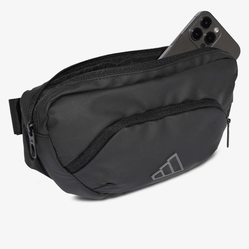 Robuste und funktionale schwarze Gürteltasche mit mehreren Reißverschlussfächern und praktischem Stauraum