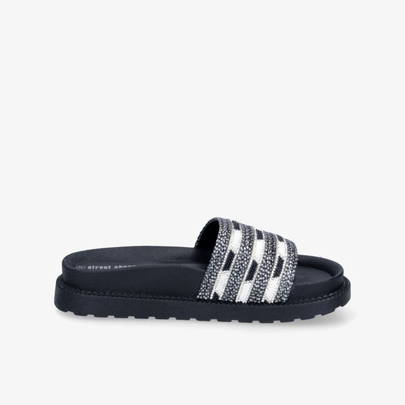 Bequeme schwarze Pantolette mit gepolstertem Riemen und rutschfester Sohle für angenehmen Tragekomfort