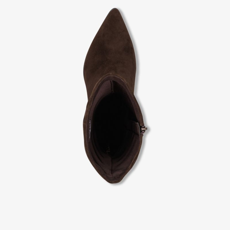 Braune spitze Wildleder-Stiefelette mit Reißverschluss, schmal und elegant von oben sichtbar