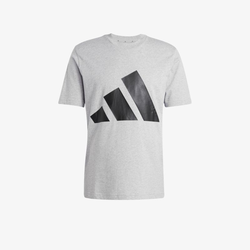 Graues T-Shirt mit großem schwarzen Adidas Logo vorne, leichtes und bequemes Material für sportlichen Look