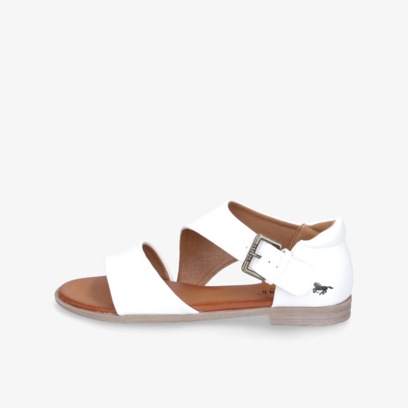 Weiße Ledersandale mit offener Zehenpartie, verstellbarer silberner Schnalle und flacher, bequemer Sohle