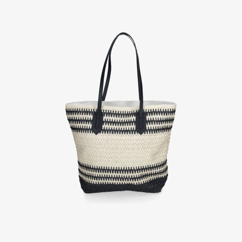 Geflochtene Schultertasche mit schwarz-weißen Streifen, geräumig und mit komfortablen Tragegriffen