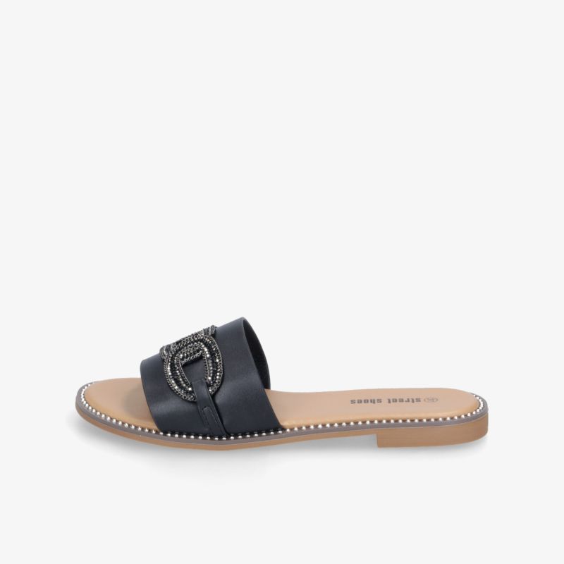 Elegante schwarze Slide Sandale mit Schmuckdetail, flache und bequeme offene Schuhe, modisch und vielseitig