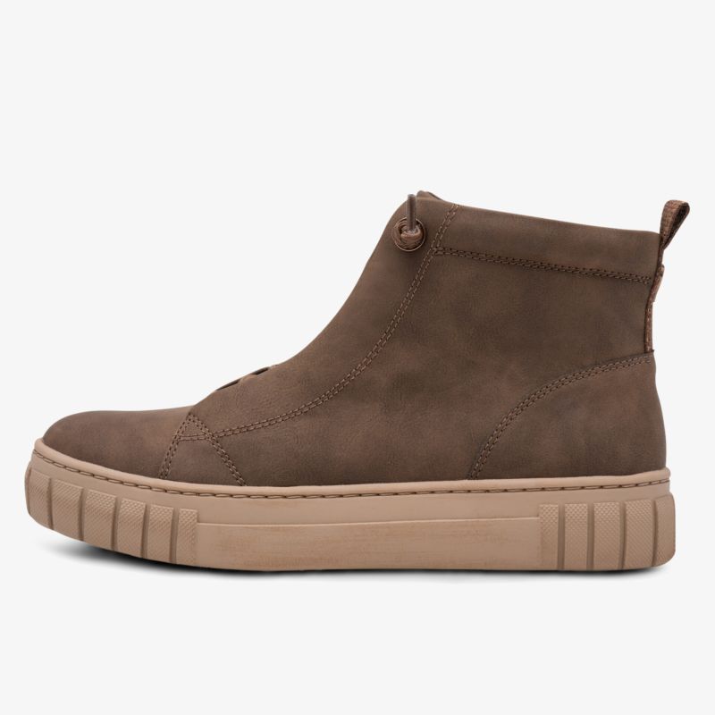 Seitliche Ansicht braune Stiefelette mit bequemer Sohle und sportlichem Sneaker-Design