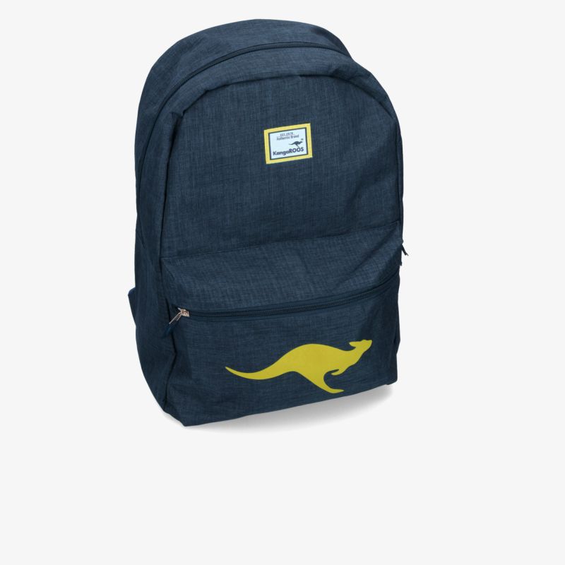 Dunkelblauer Rucksack mit gelbem Känguru-Logo, geräumig und robust mit praktischem Reißverschluss