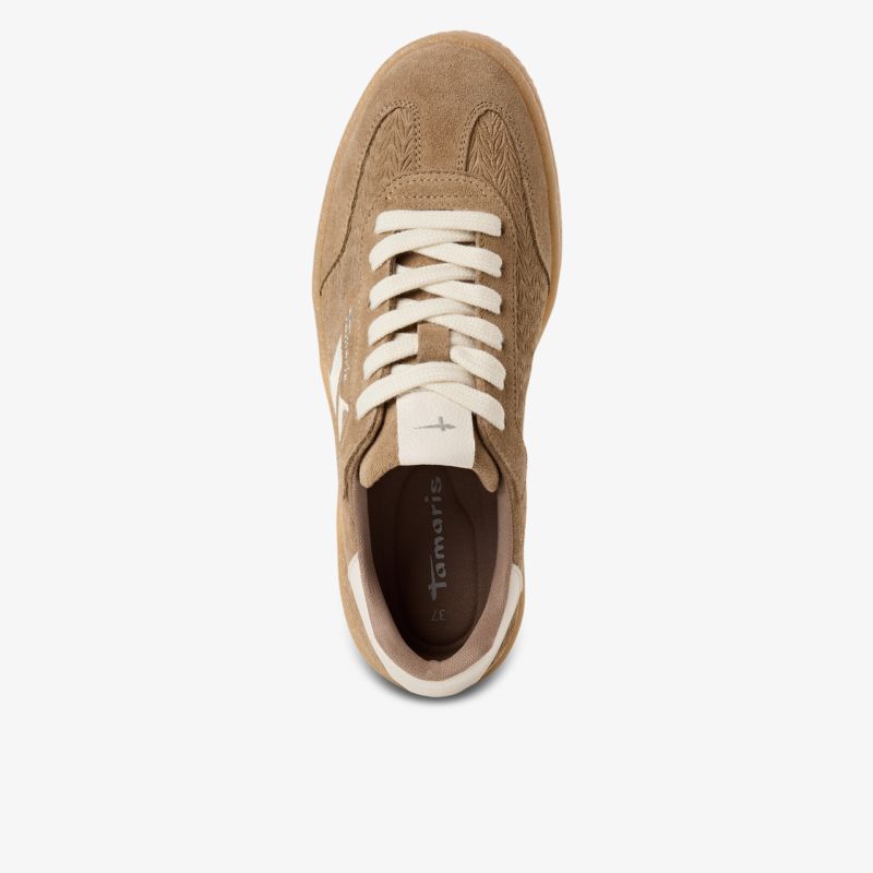 Bequemer Sneaker mit flexiblem Schnürsystem und modernem Design in neutraler Farbe, Draufsicht