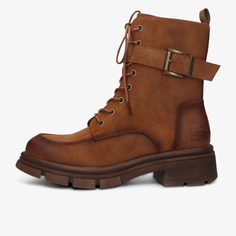 Robuster brauner Schnürstiefel mit breiter Schnalle und langlebiger, profilierter Sohle für hohen Tragekomfort