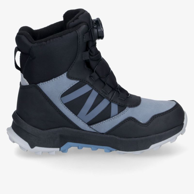 Robuster Outdoor-Wanderschuh in Schwarz und Blau mit hohem Schaft, Schnürung und griffiger Profilsohle für Touren