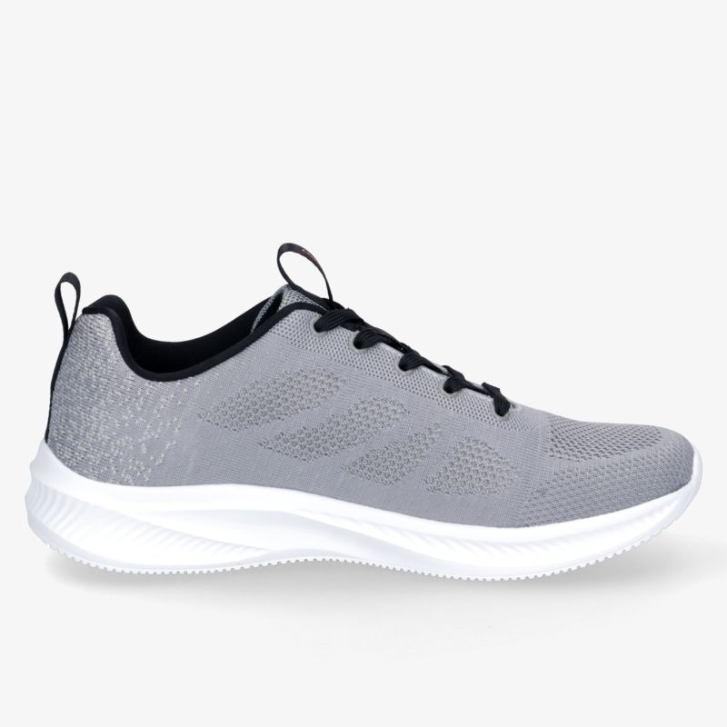 Grauer Sportschuh mit atmungsaktivem Mesh-Obermaterial, komfortabler Dämpfung, Schnürung und griffiger weißer Sohle.