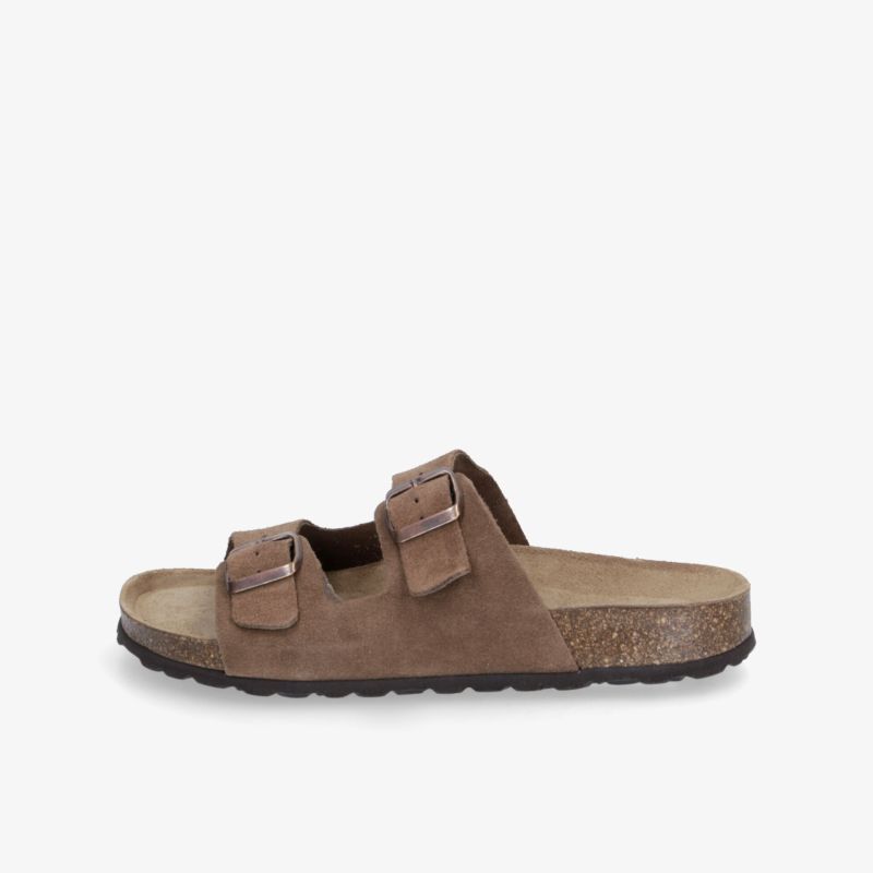 Braune Sandale mit zwei verstellbaren Schnallen und weichem, ergonomischem Fußbett für hohen Tragekomfort