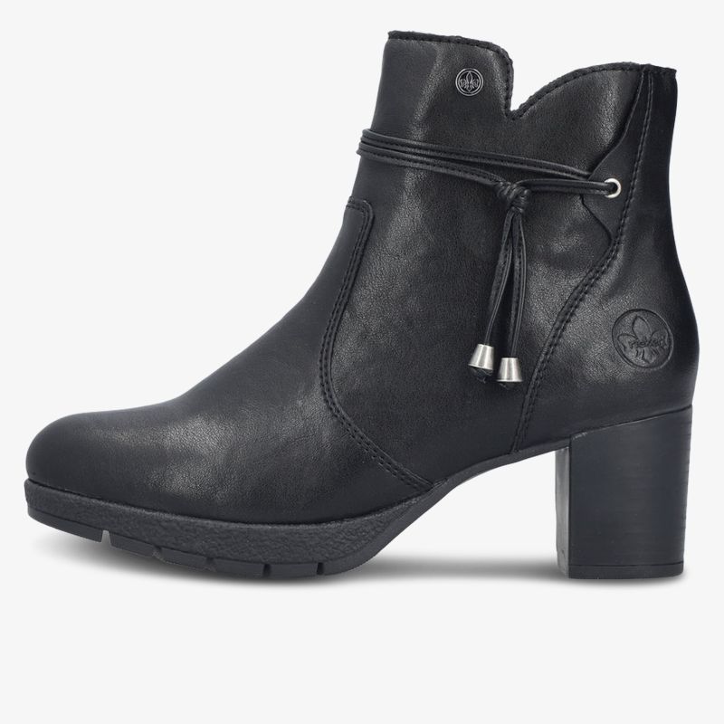 Eleganter schwarzer Leder-Ankle-Boot mit mittelhohem Absatz und dekorativer Schnürung für stilvollen Auftritt