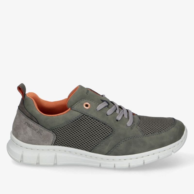 Leichter grauer Sneaker mit atmungsaktivem Mesh, flexibler weißer Sohle und bequemen Polsterungen für sportlichen Komfort