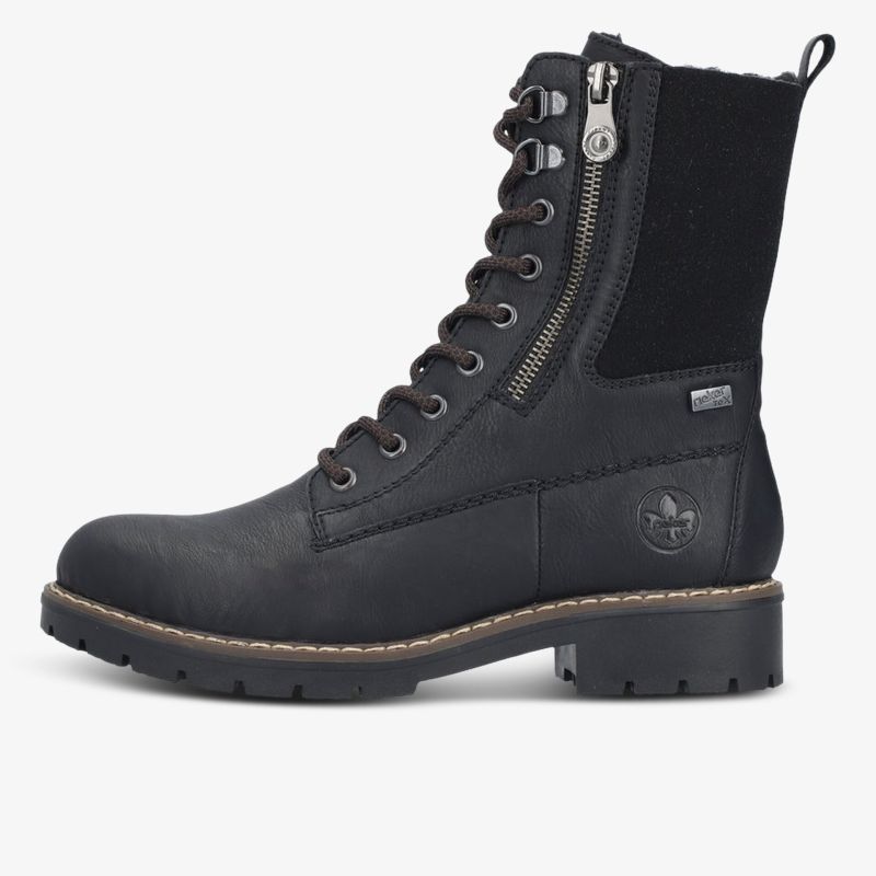 Robuster schwarzer Stiefel mit hohem Schaft, Reißverschluss und Schnürung, profilierte Sohle für guten Halt