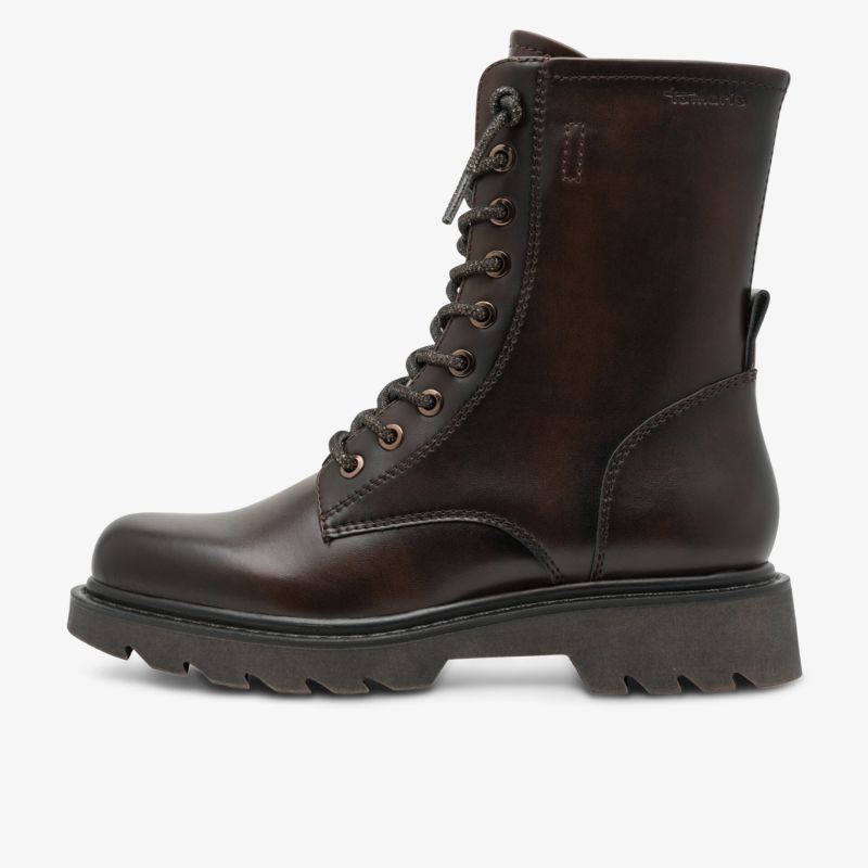 Robuster schwarzer Schnürstiefel aus Leder mit profilierter Sohle und komfortablem Blockabsatz, seitliche Ansicht