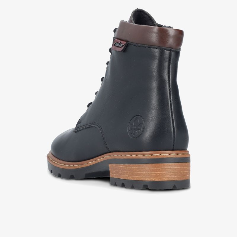 Robuster schwarzer Lederschnürstiefel mit Profilsohle und braunem Absatz, seitliche Ansicht