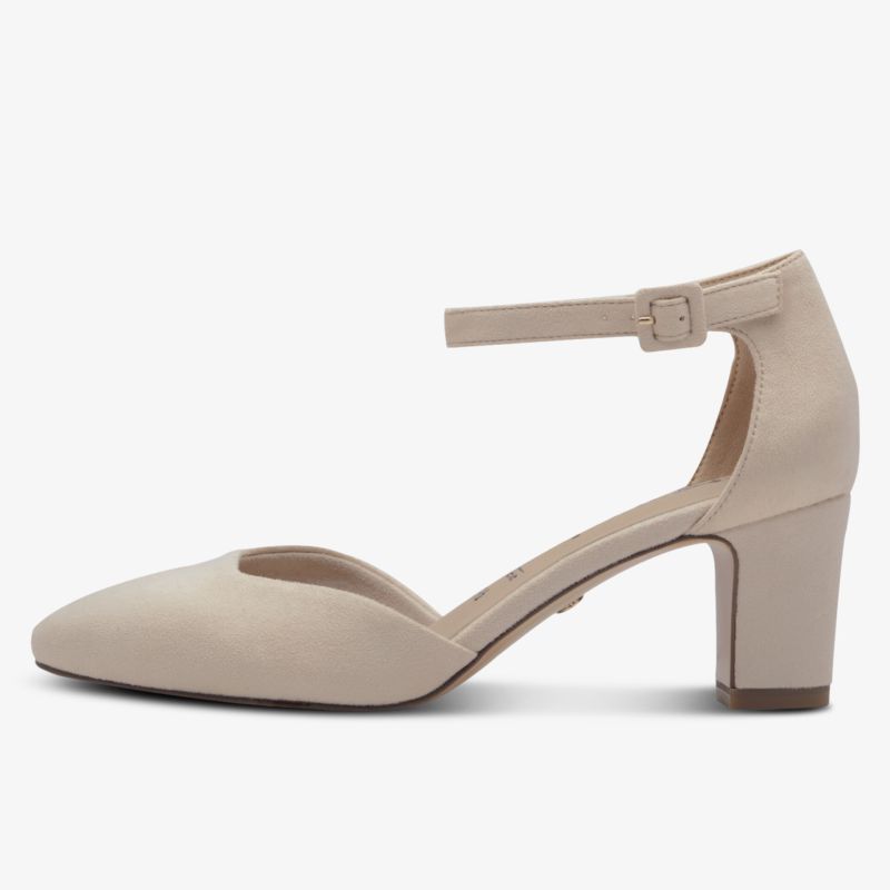 Beiger eleganter Pumps mit mittelhohem Absatz und Riemchen für stilvollen und komfortablen Halt