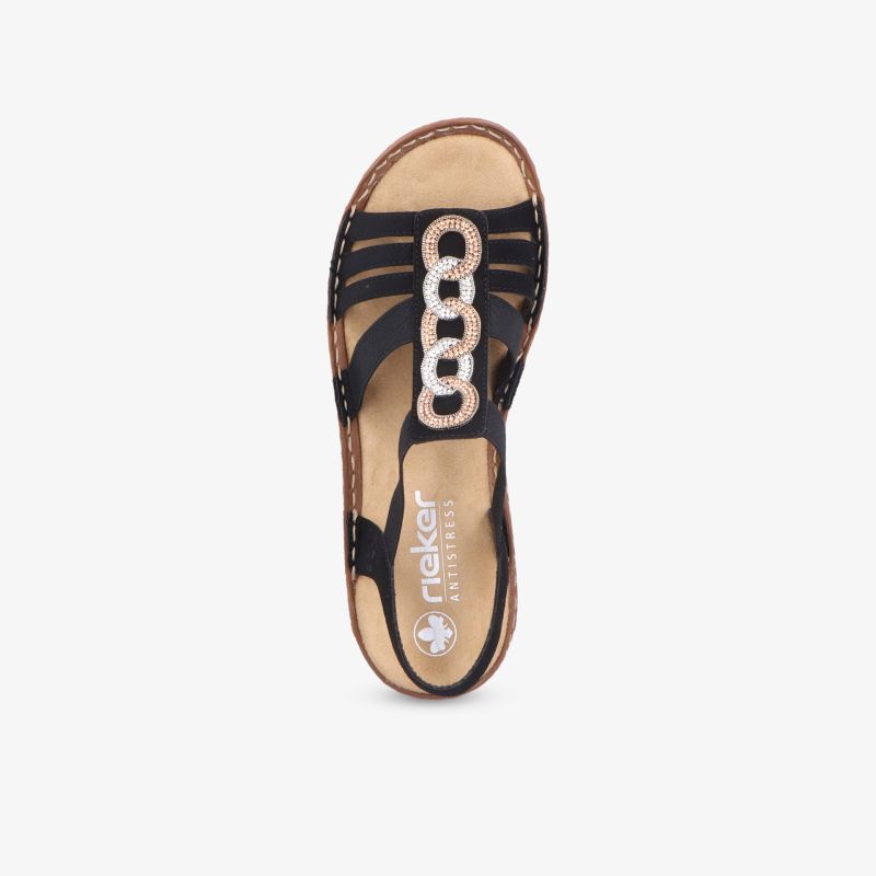 Elegante schwarze Sandale mit glitzerndem Strass-Element, bequemer Polsterung und offenem Zeh für leichten Tragekomfort