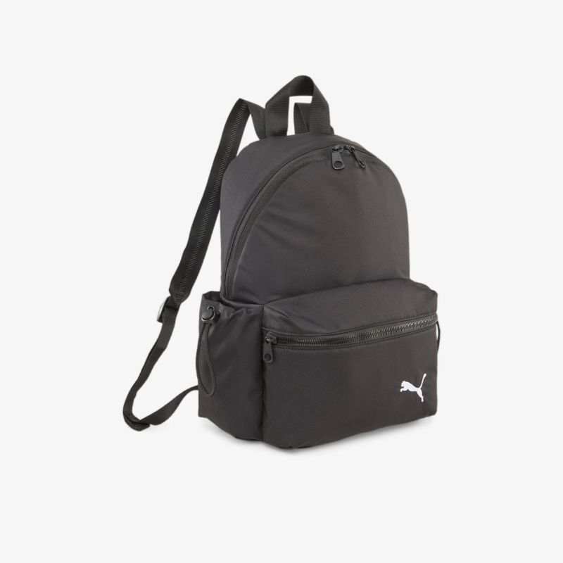 Schwarzer Rucksack mit geräumigem Hauptfach, verstellbaren Trägern und Logo-Detail für vielseitige Nutzung.