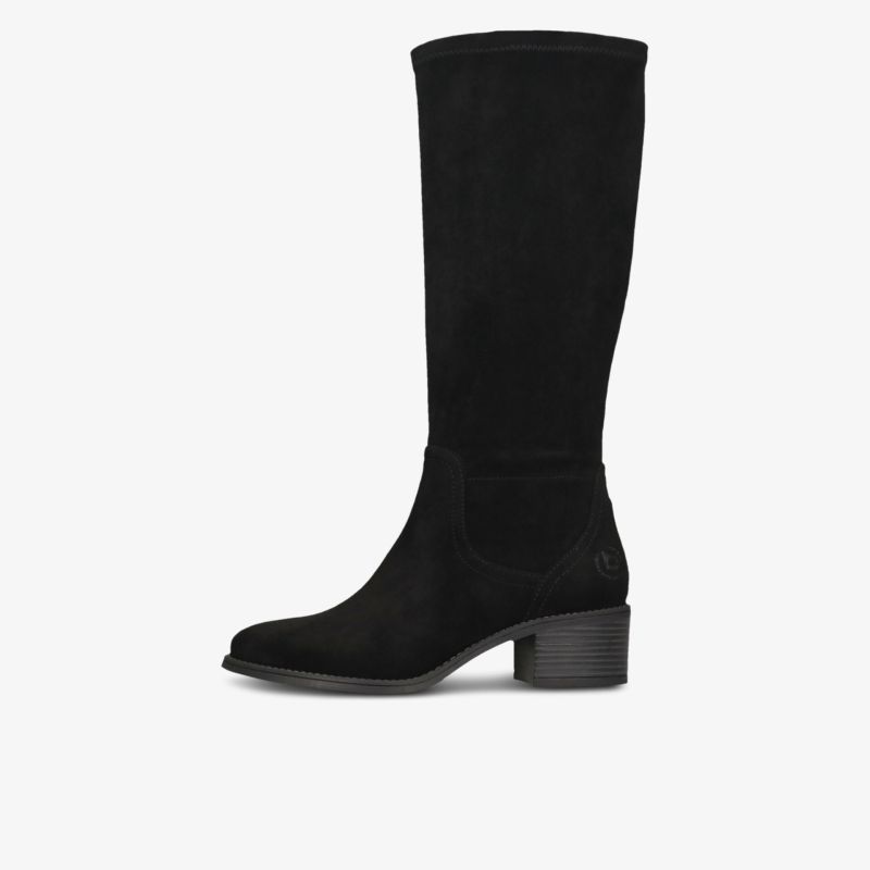 Eleganter schwarzer Stiefel mit hohem Schaft und bequemem Blockabsatz in seitlicher Ansicht