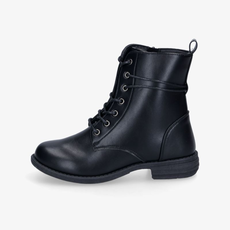 Schwarzer robuster Stiefel aus hochwertigem Material mit bequemer Passform und rutschfester Sohle, seitliche Ansicht
