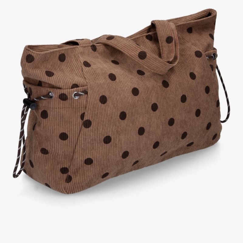 Gepunktete braune Tasche aus Kordstoff mit großem Stauraum und praktischem Reißverschluss
