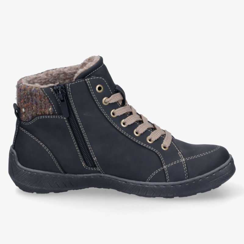 Bequemer, robuster Schuh mit warmem Innenfutter und praktischem seitlichem Reißverschluss, ideal für kalte Tage.