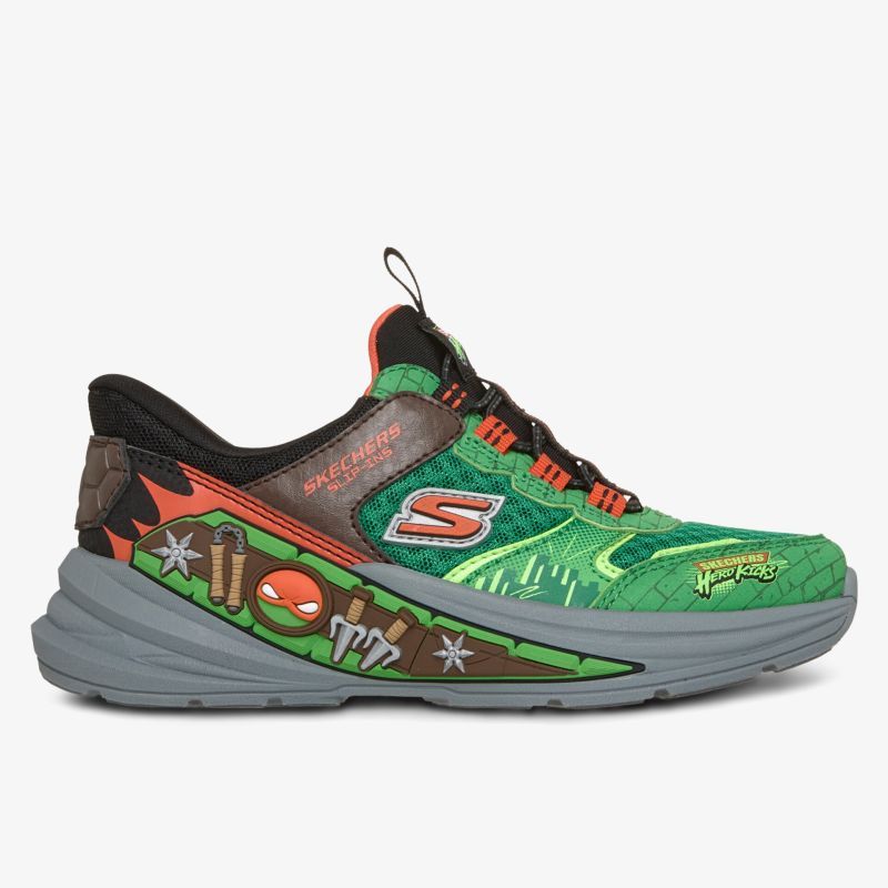 Sportlicher grün-oranger Sneaker mit komfortabler Sohle und auffälligem Street-Art Design seitlich aufgenommen