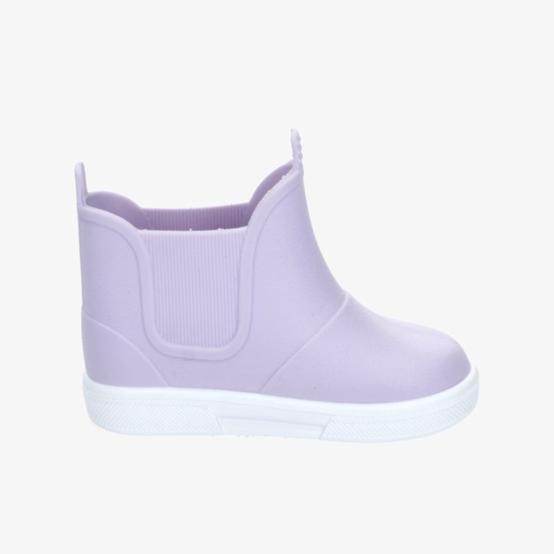 Leichter lila Regenstiefel mit elastischen Einsätzen, rutschfester Sohle und bequemem Schnitt, seitliche Ansicht