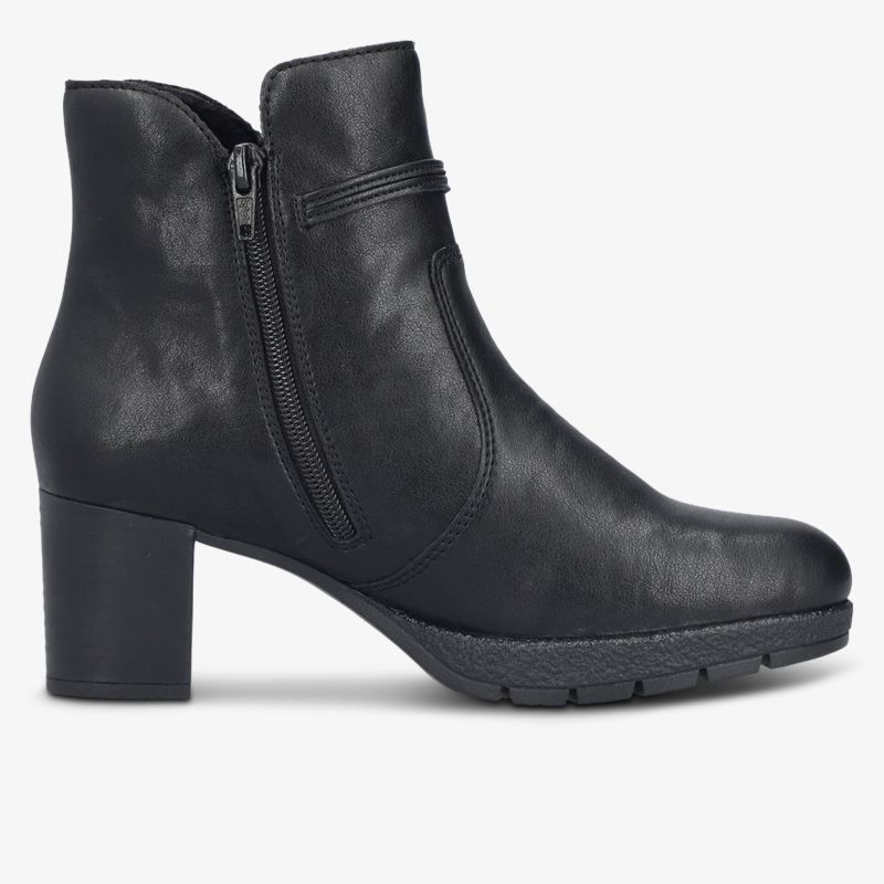 Schwarzer Stiefel mit mittelhohem Absatz und praktischem Reißverschluss, komfortabel und elegant gestaltet