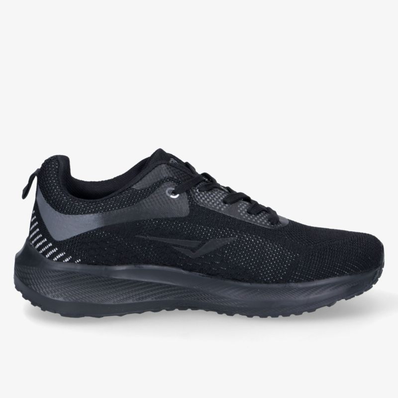 Leichter schwarzer Sportschuh mit atmungsaktivem Material, komfortabler Passform und rutschfester Sohle seitlich