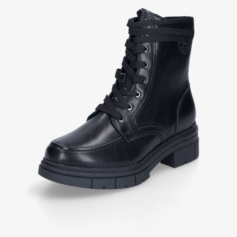 Schwarzer Schnürstiefel mit markanter Profilsohle, robustem Absatz und modernem Design für vielseitige Outfits.