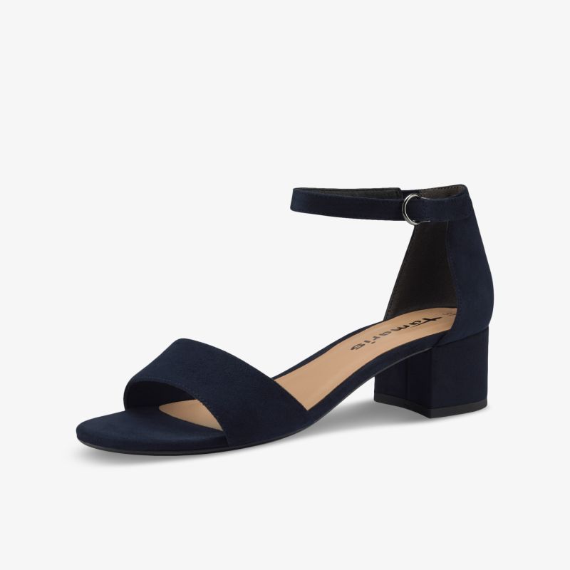 Elegante Sandale in Navy mit Blockabsatz und verstellbarem Knöchelriemen für besten Tragekomfort.