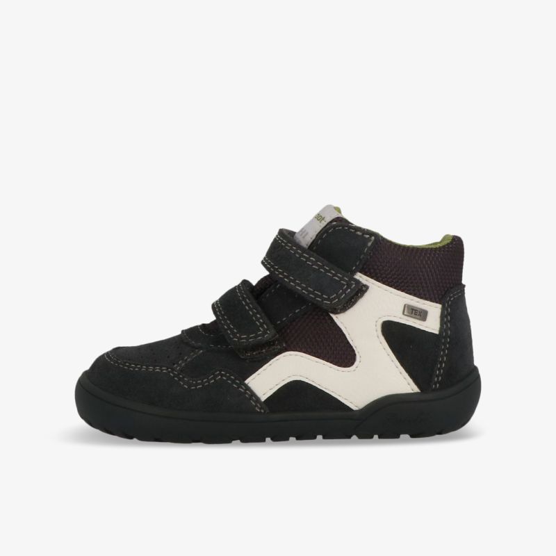 schwarzer und weißer sportlicher kinder-sneaker mit klettverschlüssen, robust und flexibel, seitliche ansicht